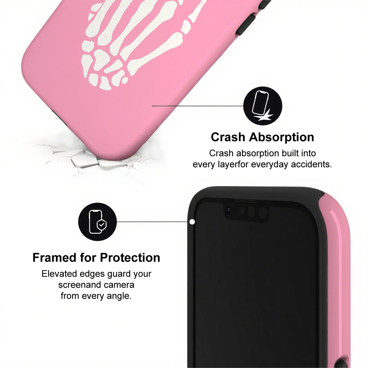 Phone case with pink skeleton design and text about crash absorption and protection.