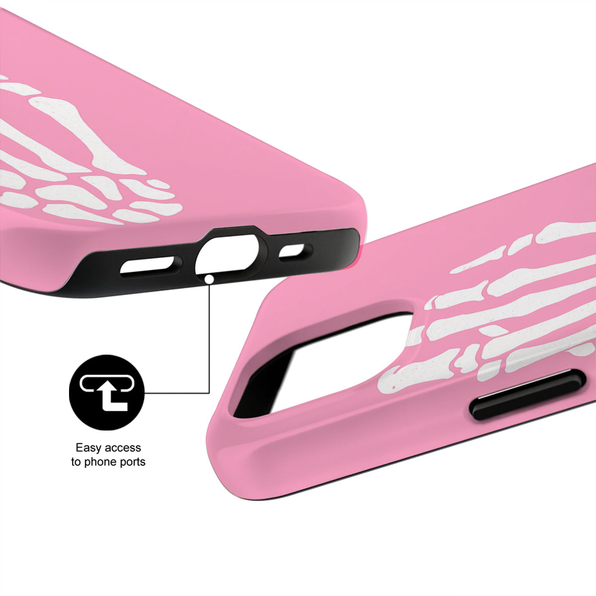 Pink phone case with skeleton design and text 'Easy access to phone ports' on a white background
