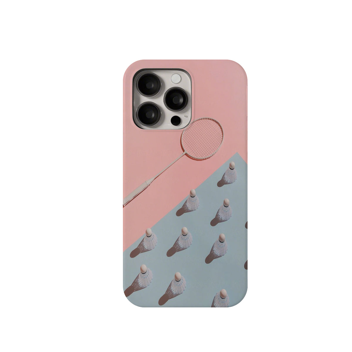 Phone case with badminton racket and shuttlecock design on a pink and blue background