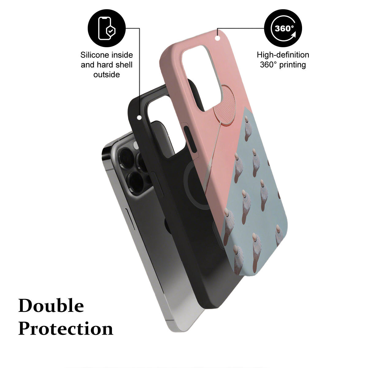 Phone case with text indicating 'Silicone inside and hard shell outside' and '360° high-definition printing'.