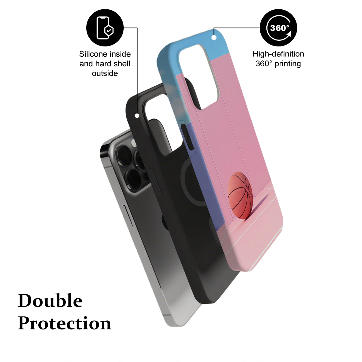 Phone case with basketball design, labeled features on a white background