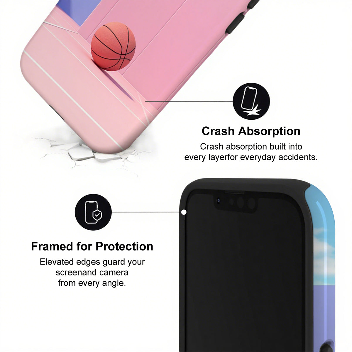 Phone case with crash absorption and protection features on a white background