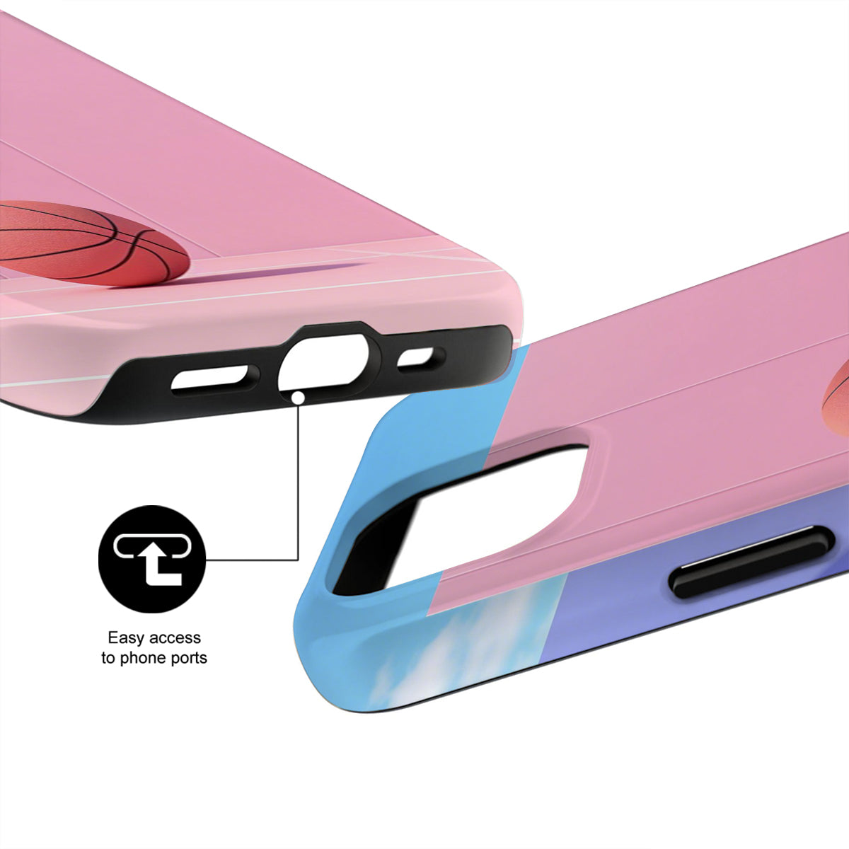 Phone case with basketball design and easy access to phone ports feature