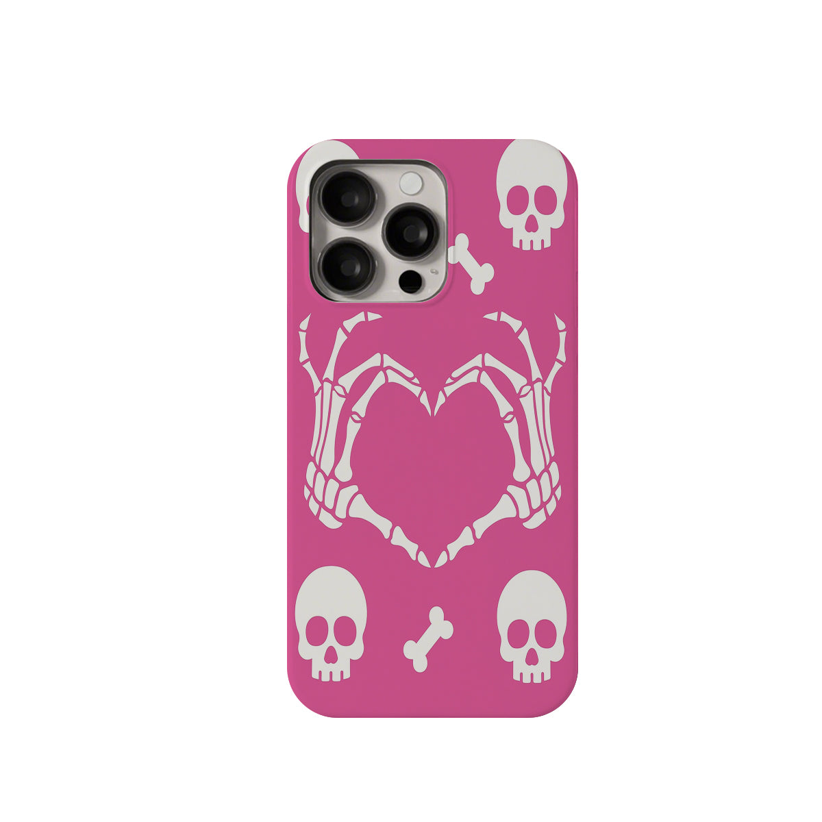 Phone case with skeleton hands forming a heart on a pink background