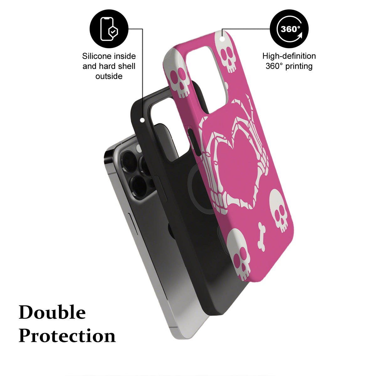 Phone case with pink skull design and text highlighting features on a white background