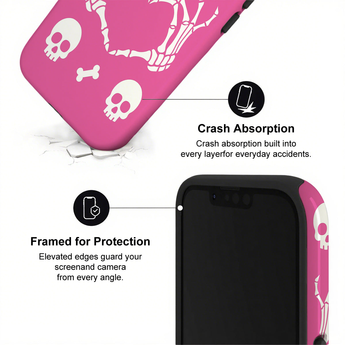 Phone case with pink and black design featuring skulls and bones, highlighting crash absorption and protection features.