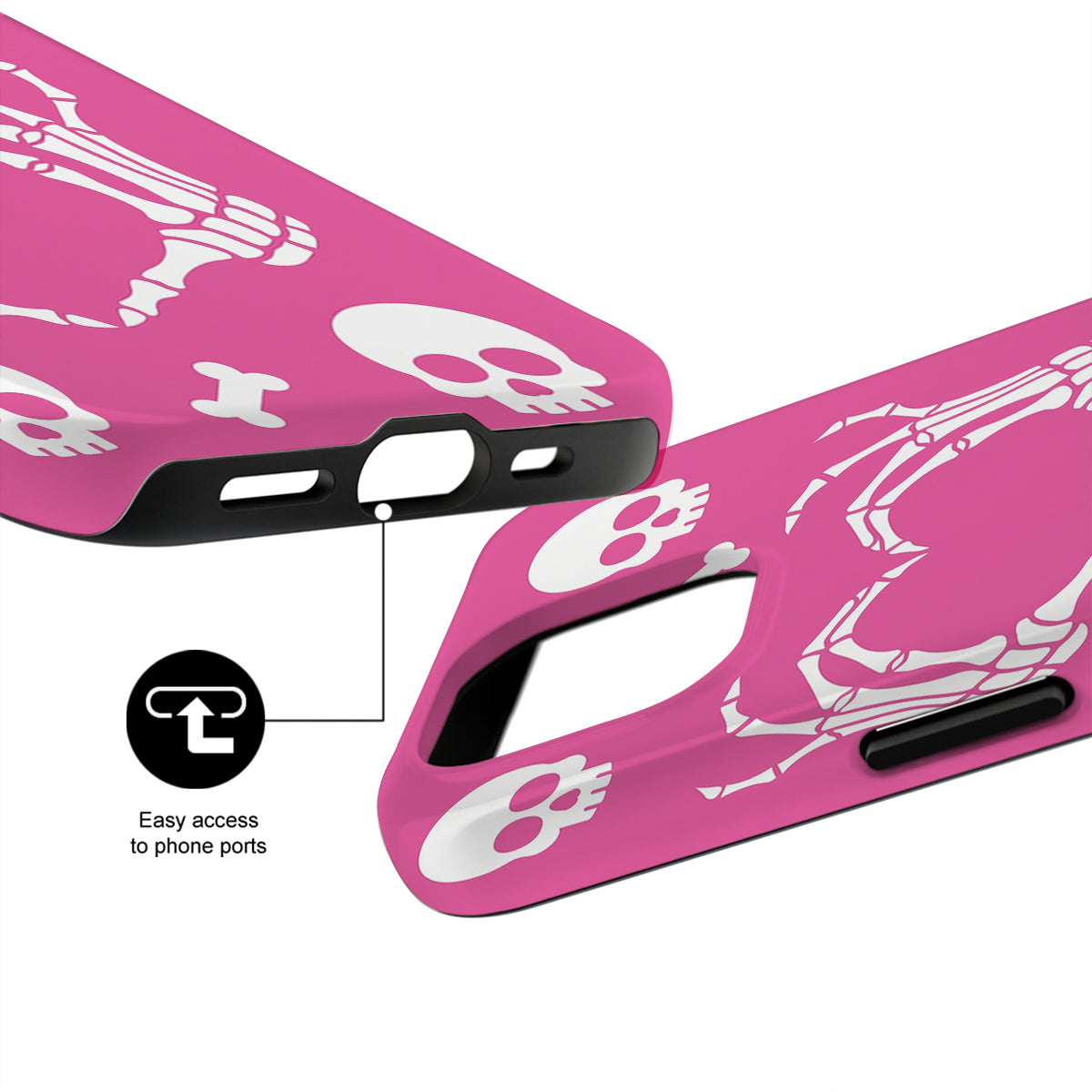 Pink phone case with skull designs and black accents on a white background