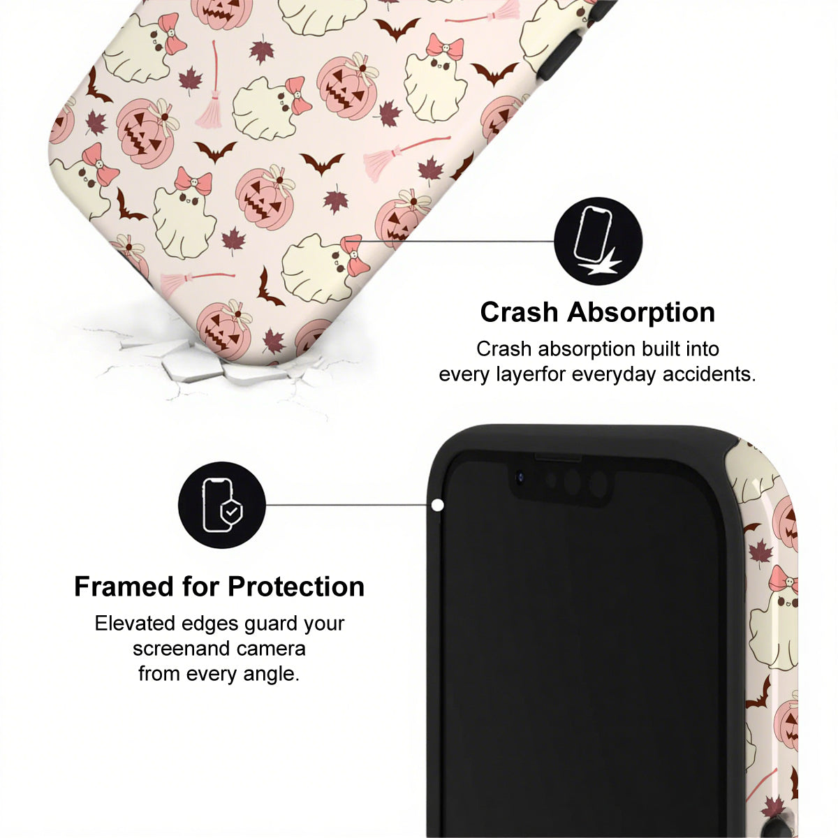 Phone case with Halloween design and text about crash absorption and protection.