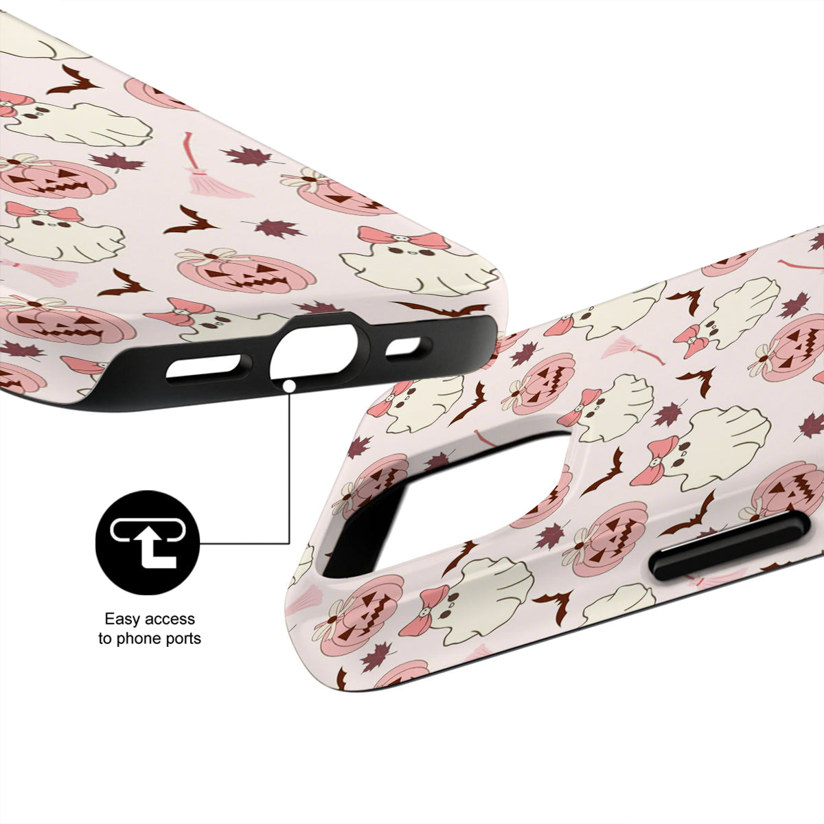 Phone case with Halloween ghost design and text indicating easy access to phone ports.