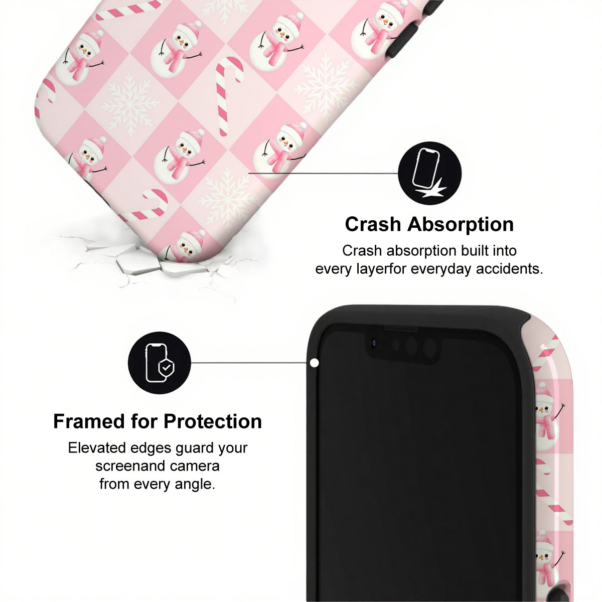 Phone case with cartoon snowman design and text highlighting crash absorption and protection features.
