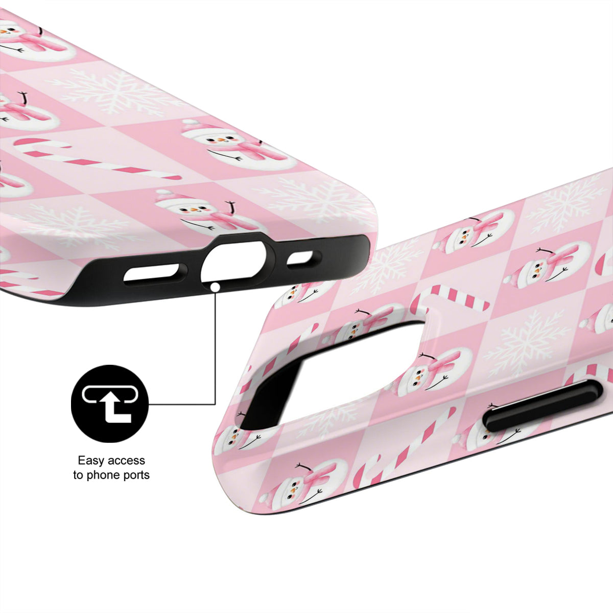 Phone case with panda design and text 'Easy access to phone ports' on a white background