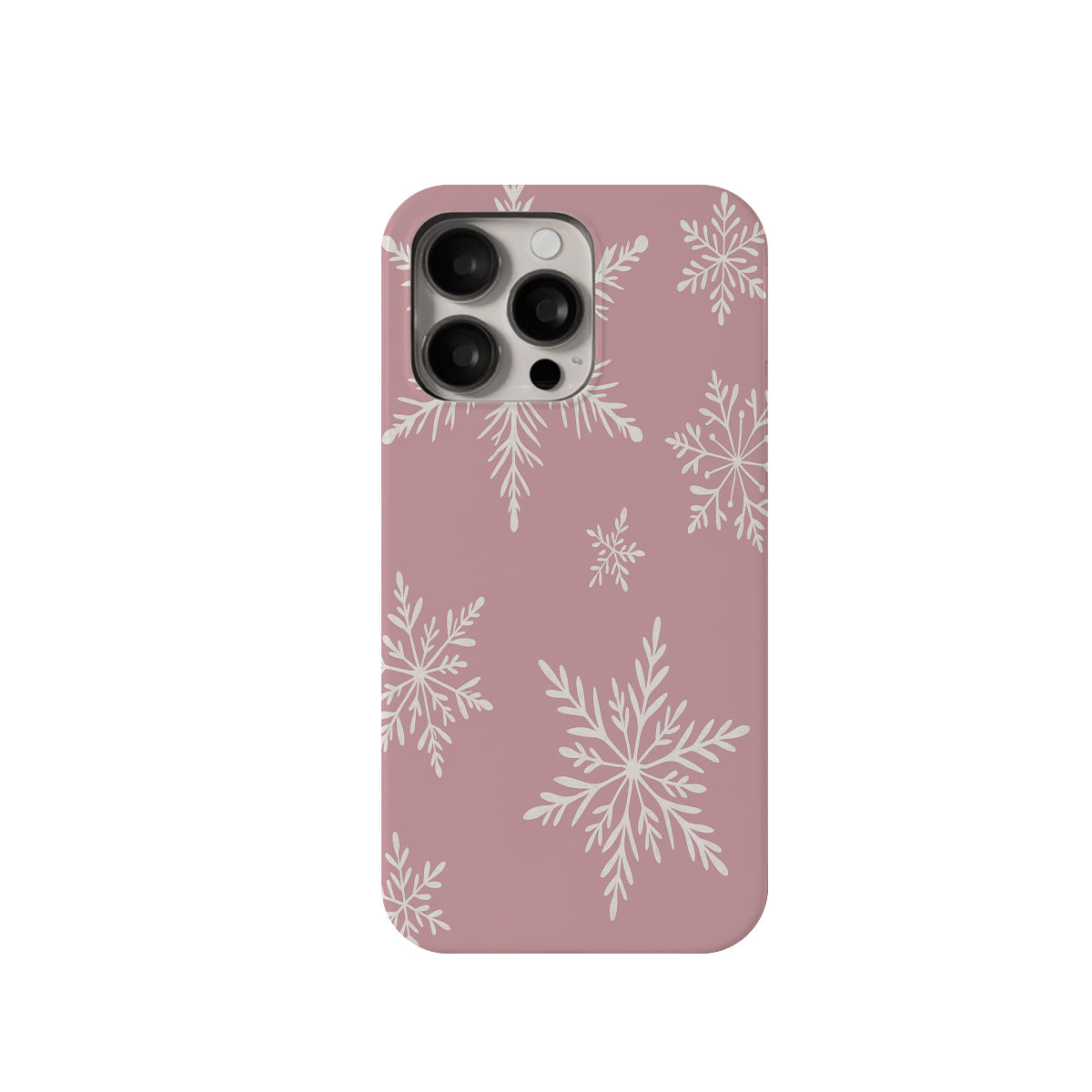 Phone case with white snowflakes on a pink background