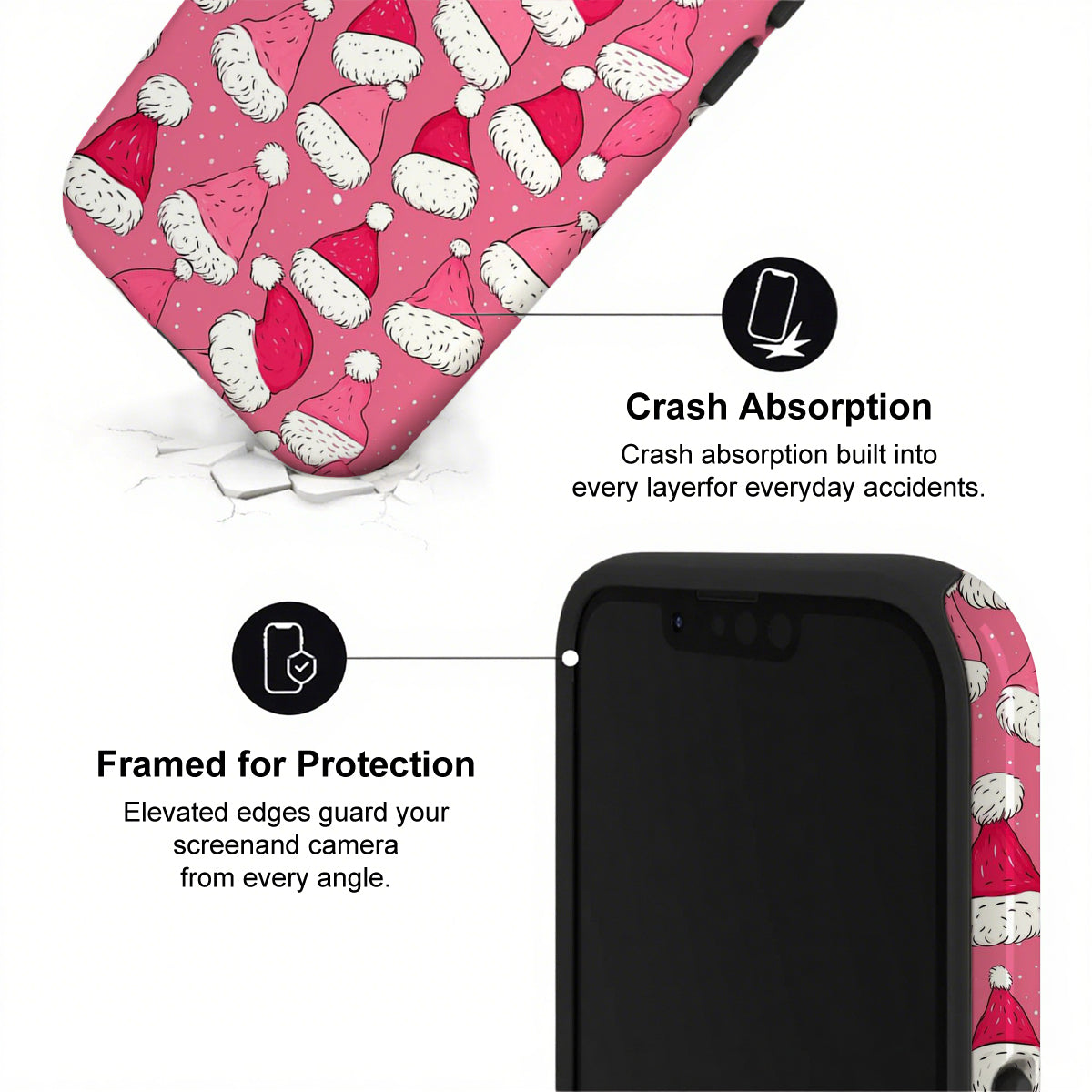 Phone case with Santa hats design and text about crash absorption and protection.