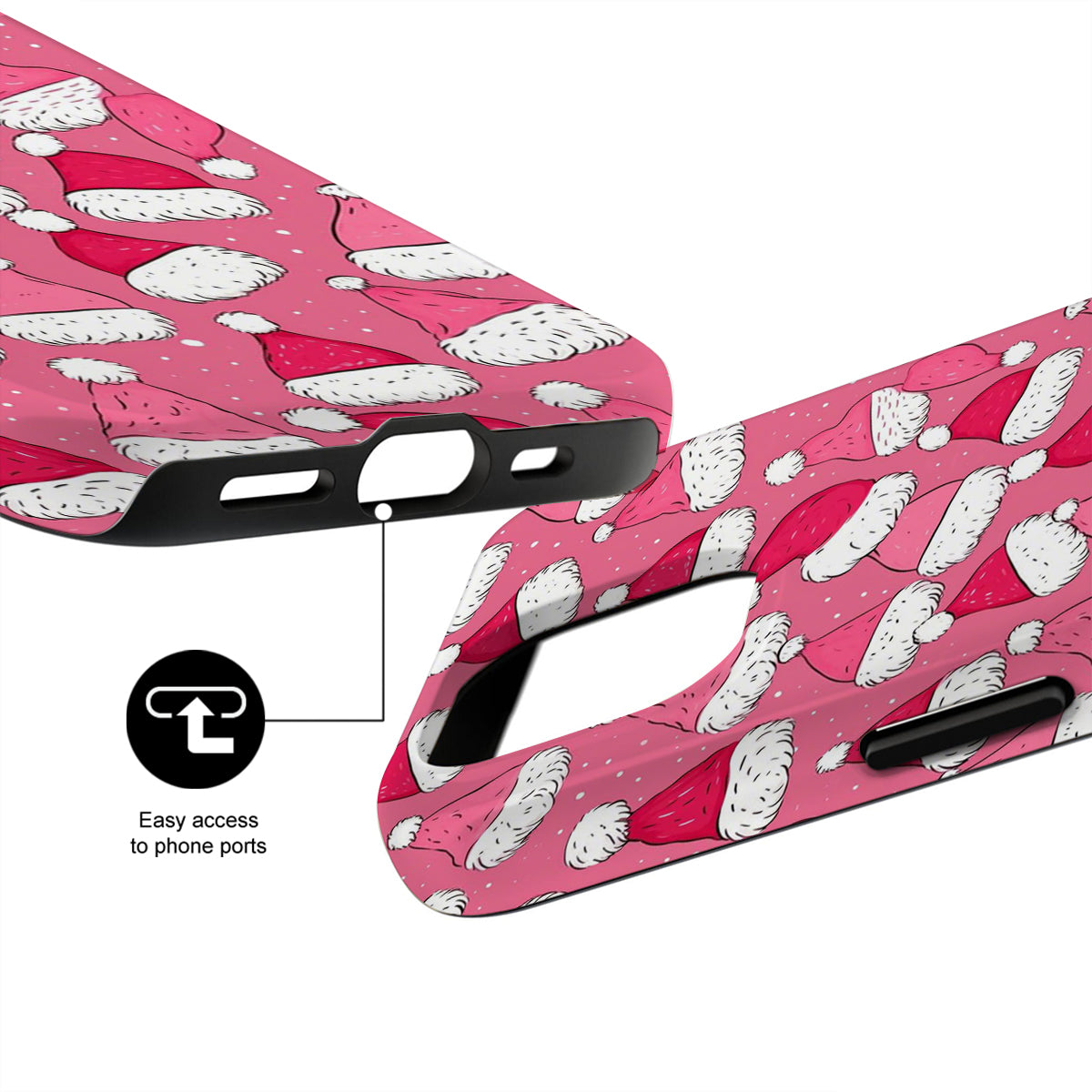 Pink phone case with white paw prints and easy access to phone ports feature