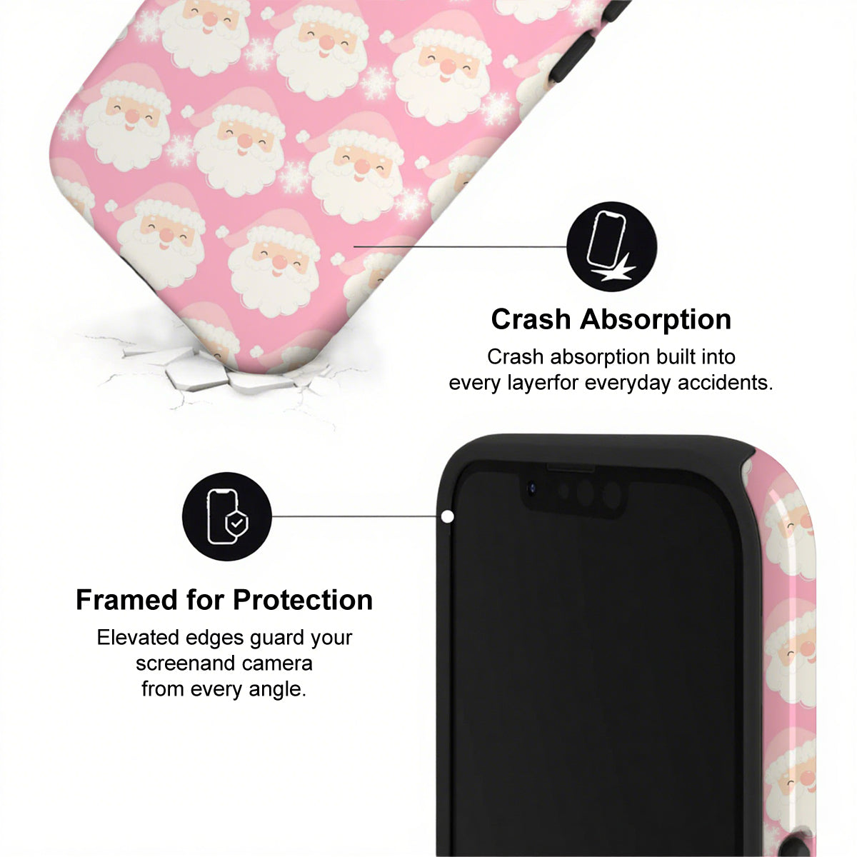 Phone case with Santa Claus pattern and text about crash absorption and protection.