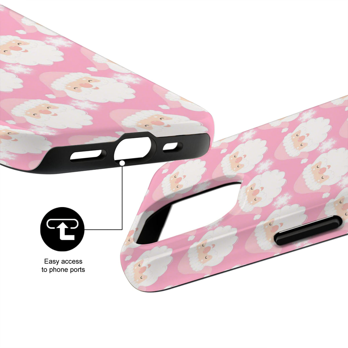 Pink phone case with cloud pattern and easy access to phone ports feature