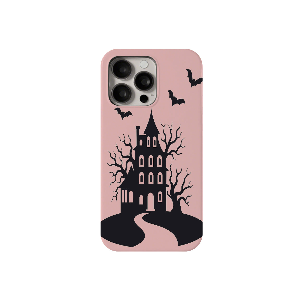 Phone case with Halloween design of a castle and bats on a pink background