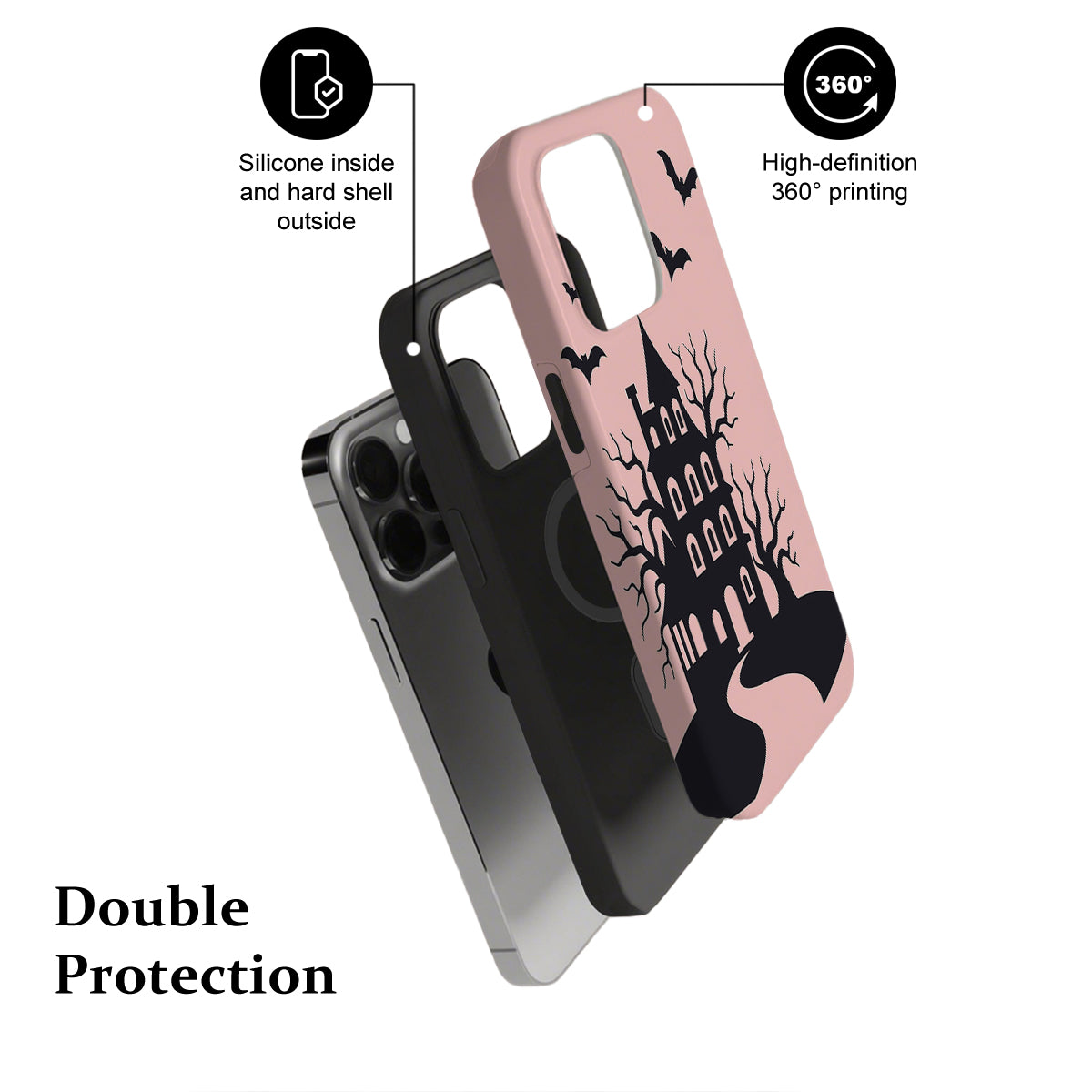 Phone case with castle design, labeled features on a white background