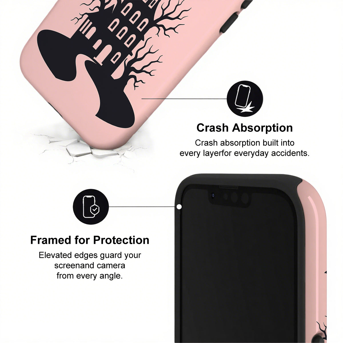 Phone case with tree design and text about crash absorption and protection