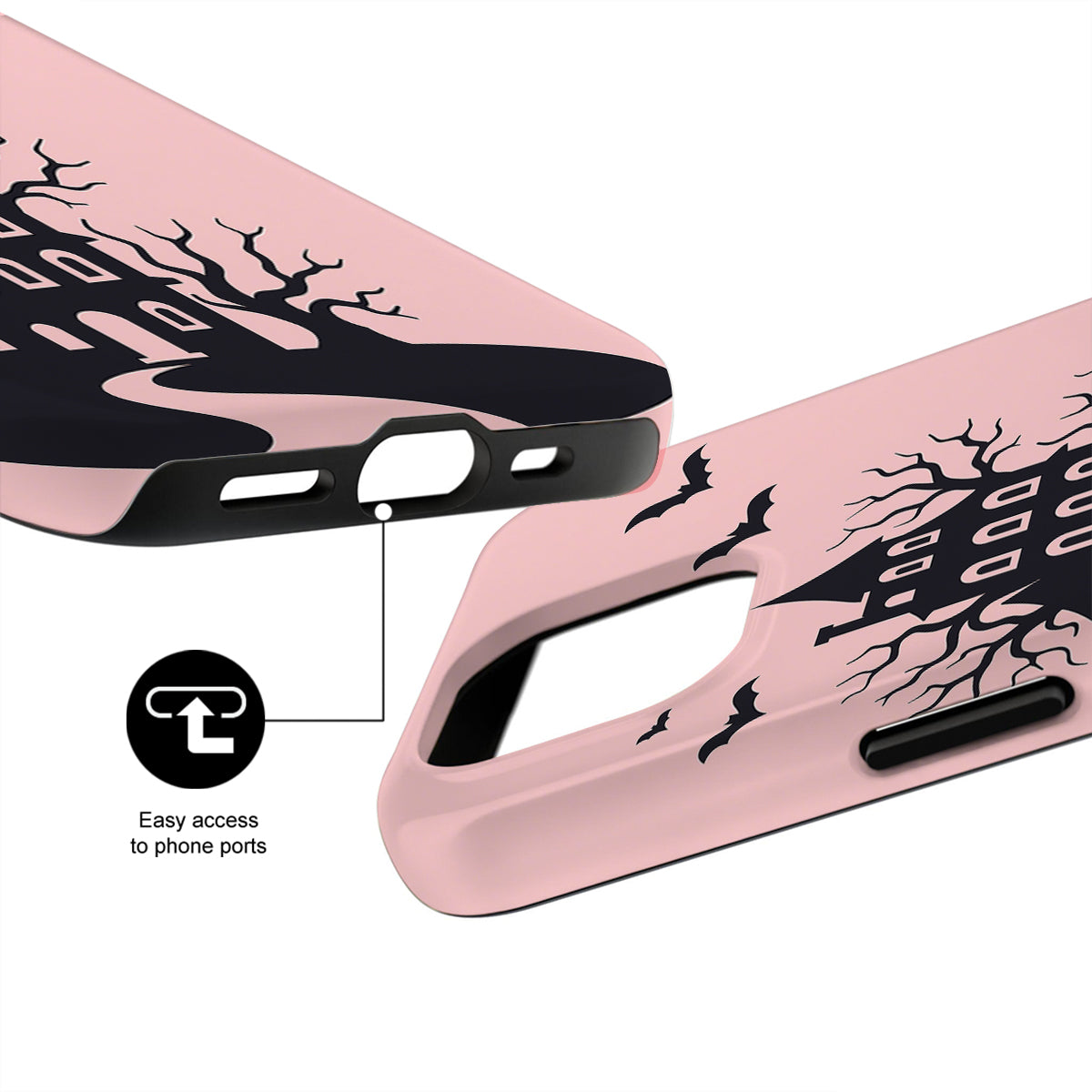 Pink phone case with black tree design and text 'Easy access to phone ports' on a white background