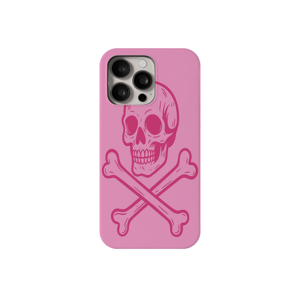 Pink phone case with skull and crossbones design on a white background