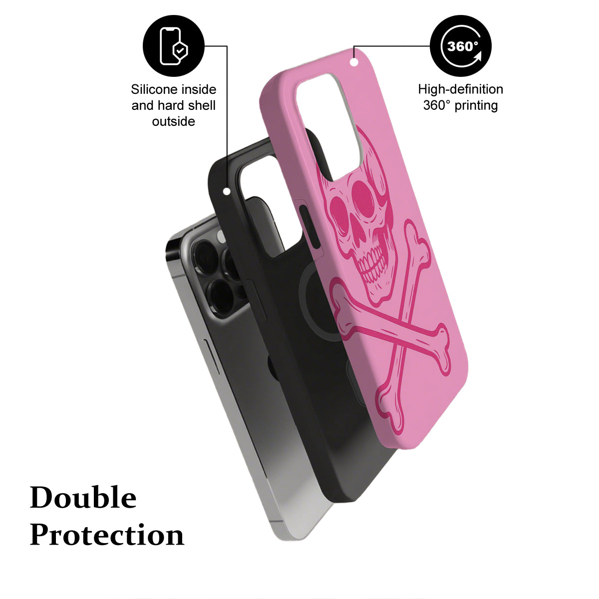 Phone case with skull design and text highlighting features on a white background