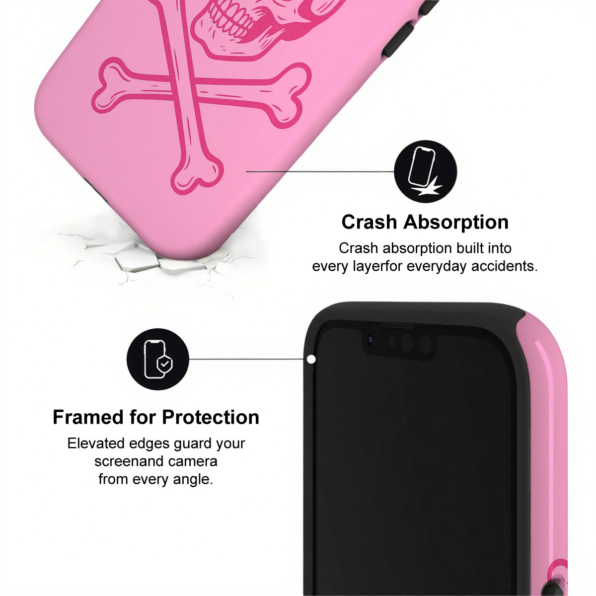 Phone case with pink skull design and text about crash absorption and protection.