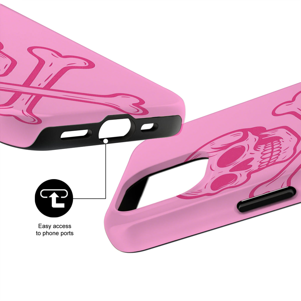 Pink phone case with skull design and text on a white background