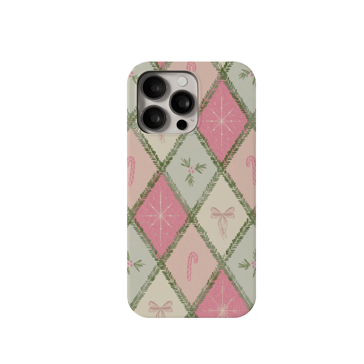 Phone case with a geometric pattern featuring pink, green, and beige colors on a white background