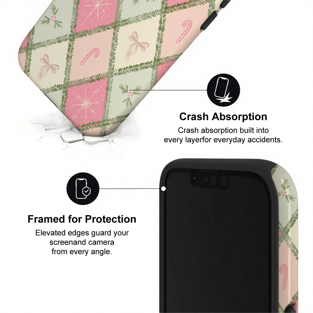 Phone case with checkered pattern and text highlighting crash absorption and protection features.