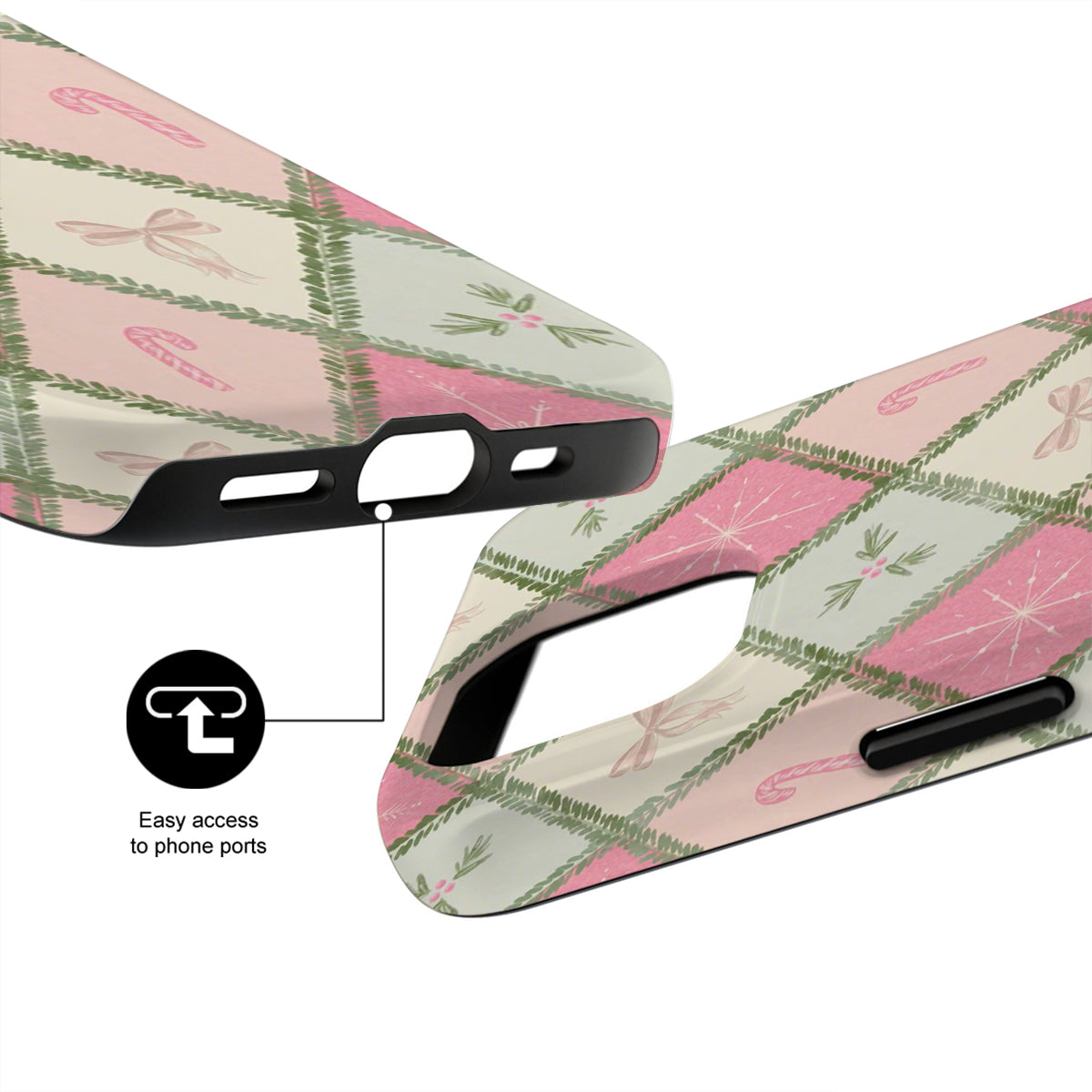 Phone case with plaid pattern and text 'Easy access to phone ports' on a white background