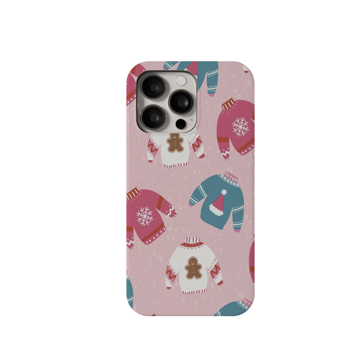 Phone case with Christmas-themed sweater designs on a pink background