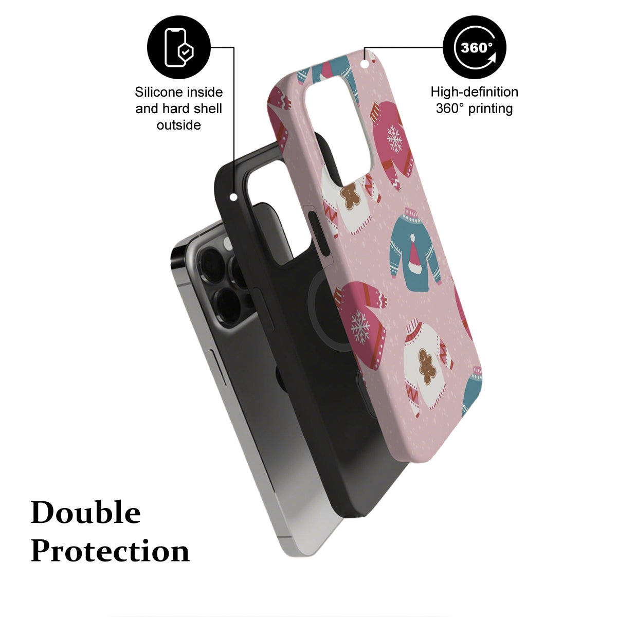 Phone case with floral design and text highlighting features on a white background