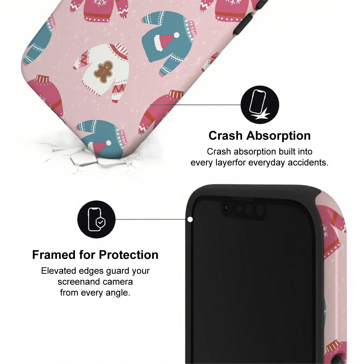 Phone case with cartoon design and text highlighting crash absorption and protection features.