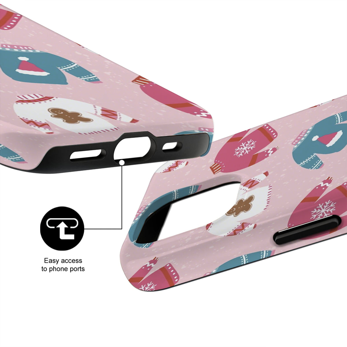 Phone case with Christmas-themed design on a pink background