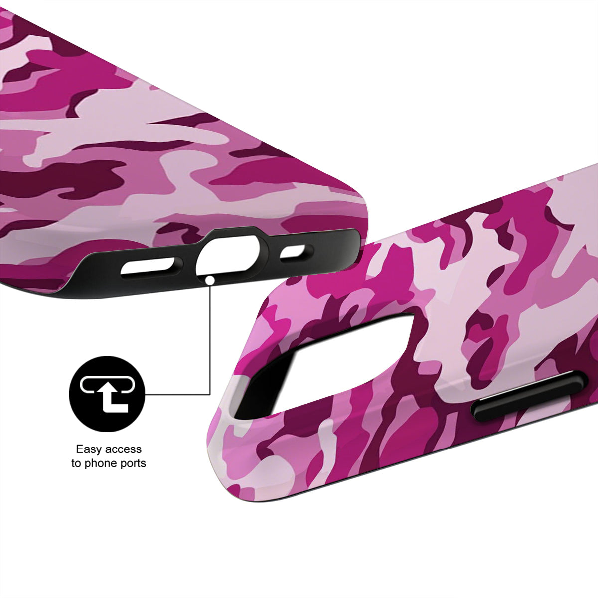 Pink camouflage phone case with a focus on design and functionality.