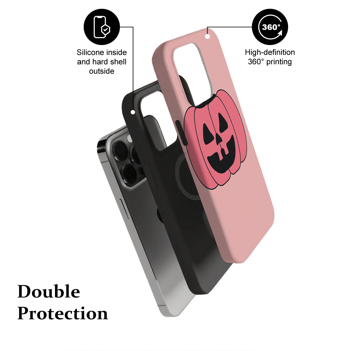 Phone case with Halloween design, showing features like silicone inside and hard shell outside, and 360-degree printing.