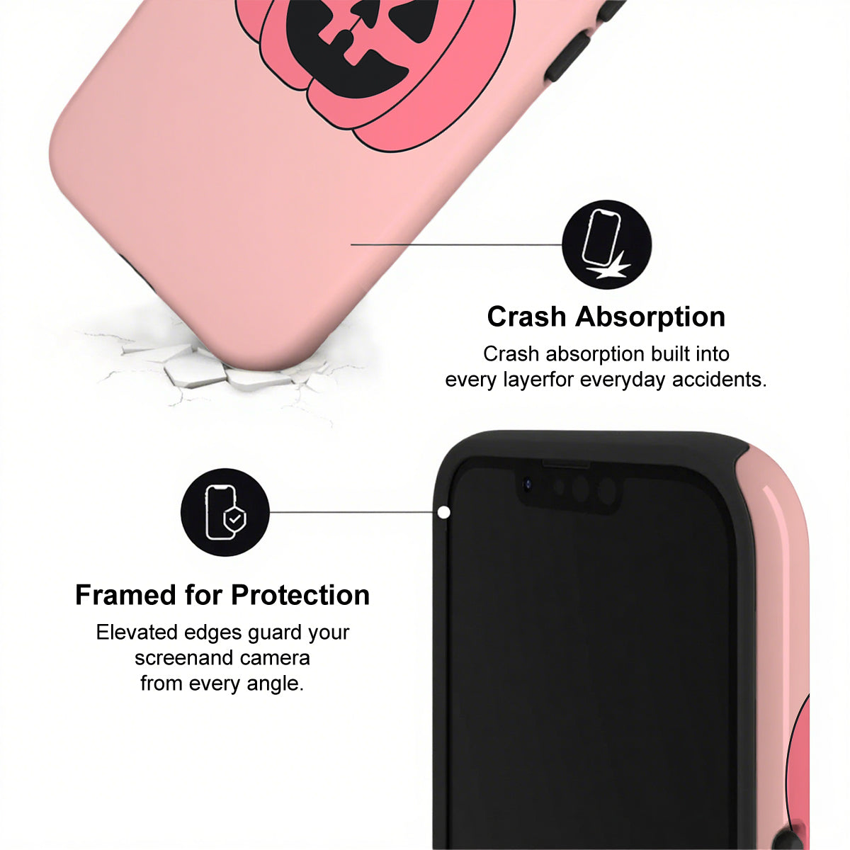 Phone case with crash absorption and protection features on a white background