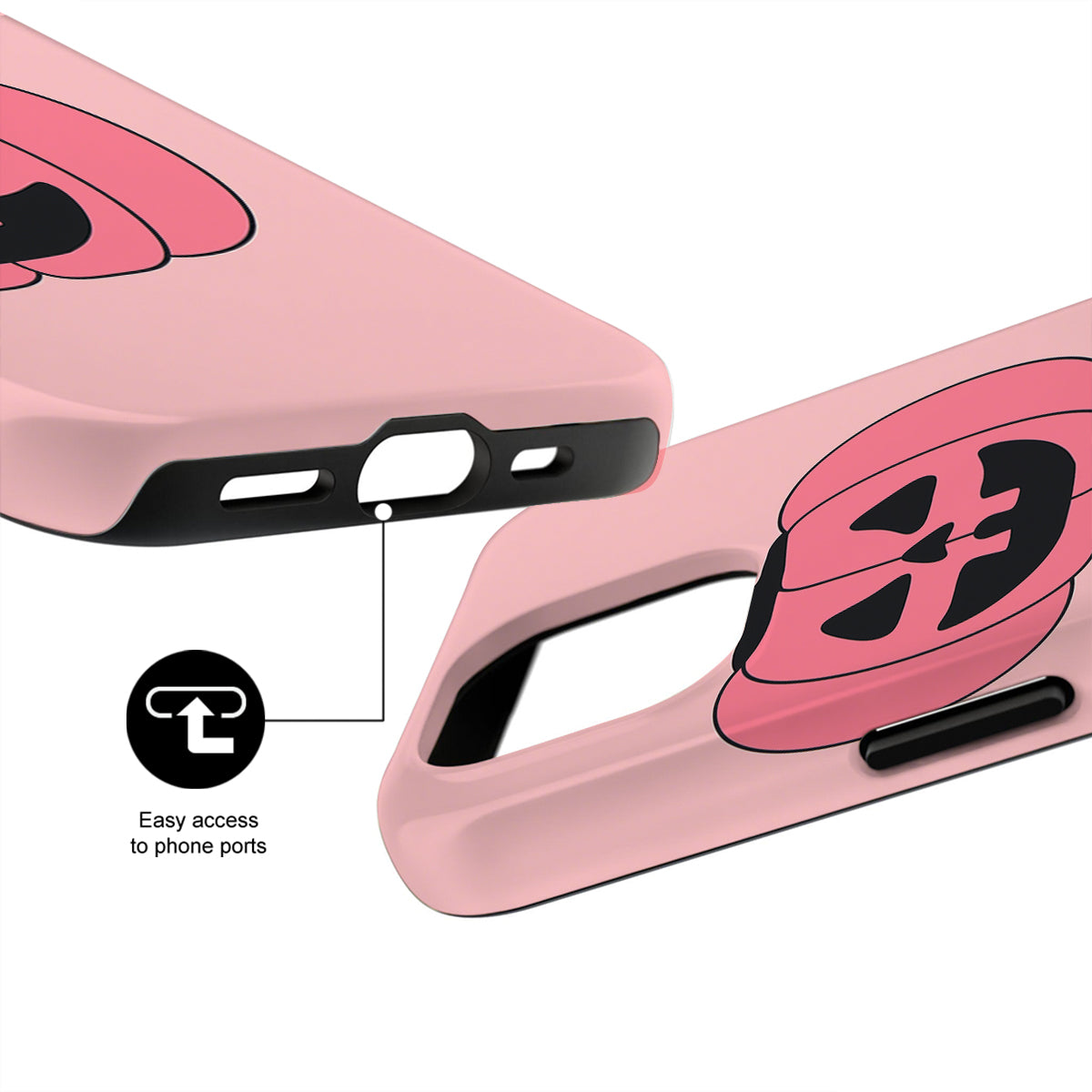 Pink phone case with black accents and text 'Easy access to phone ports' on a white background