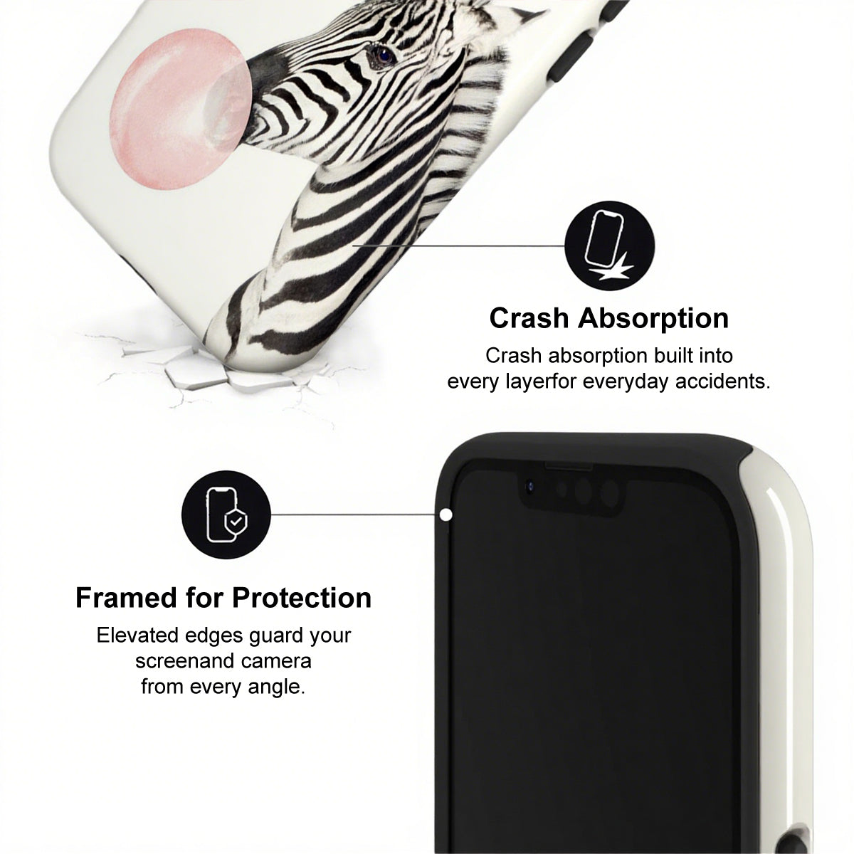 Phone case with zebra design and text highlighting crash absorption and protection features.