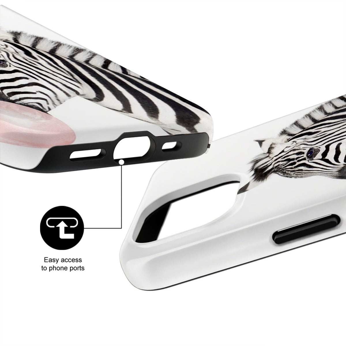 Phone case with zebra pattern and easy access to phone ports feature