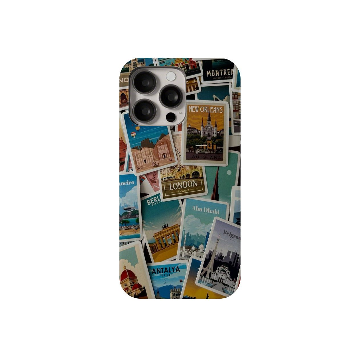 Phone case with travel-themed design featuring cityscapes and landmarks on a white background