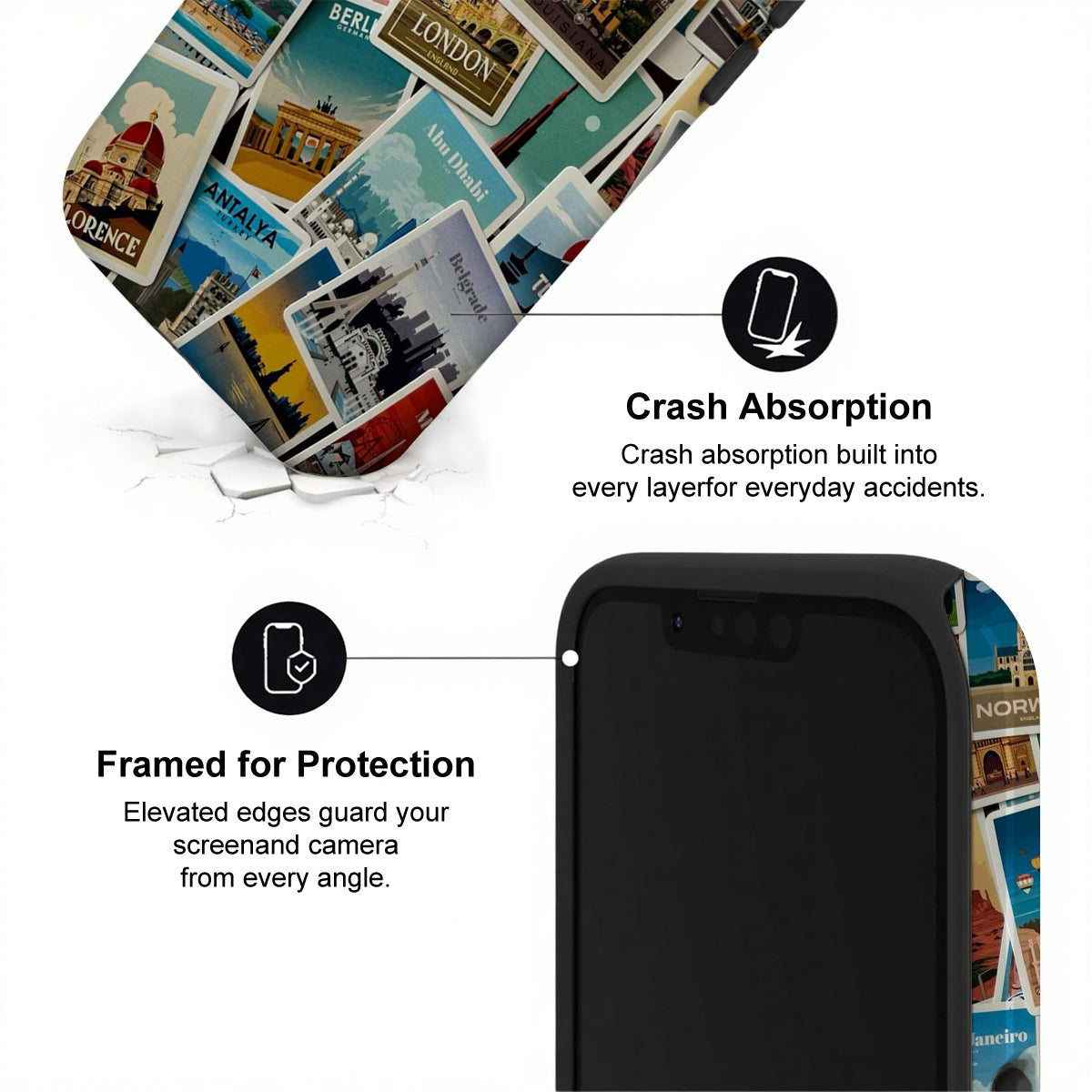 Phone case with travel-themed design and text highlighting crash absorption and protection.