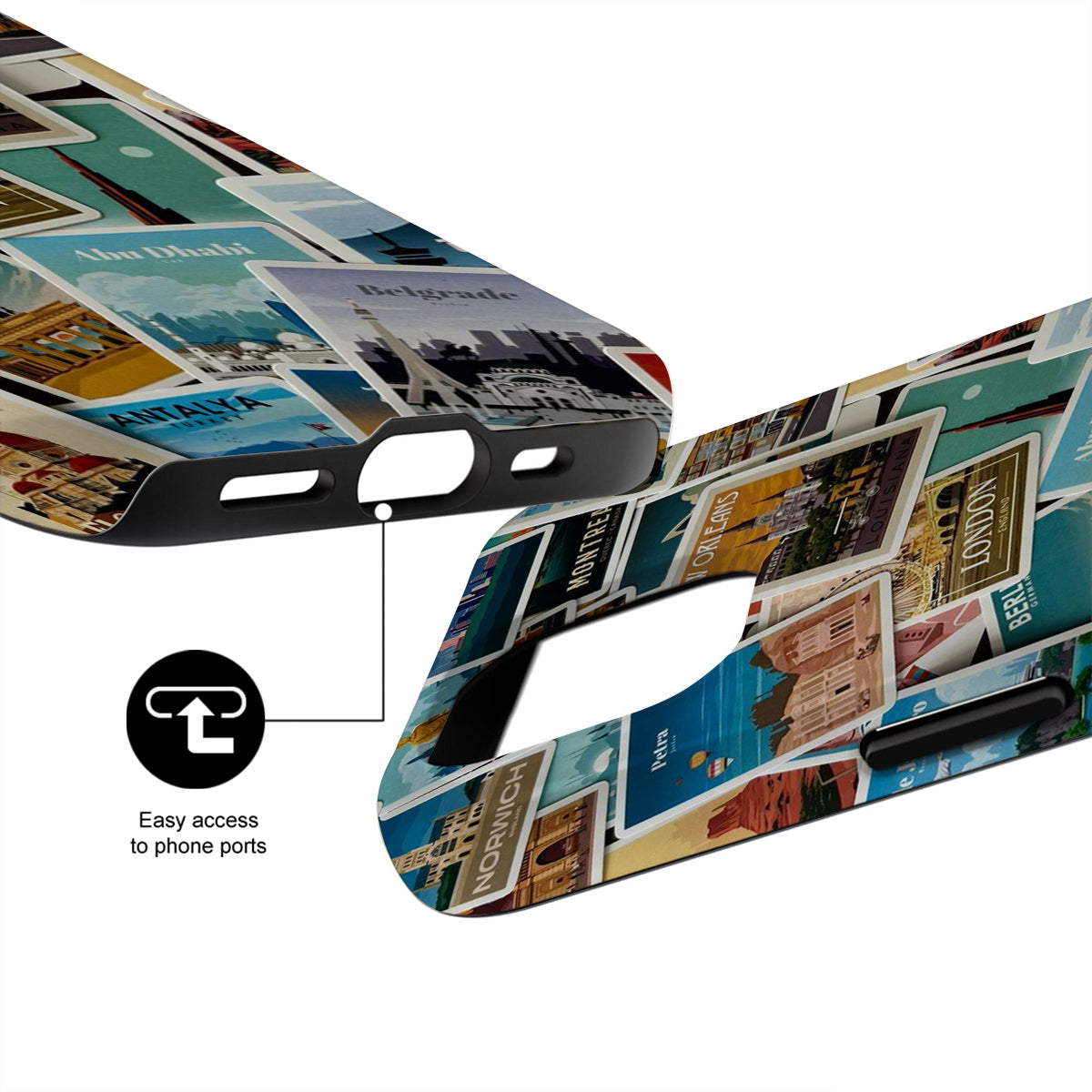 Phone case with city names and images, showing ease of access to phone ports.