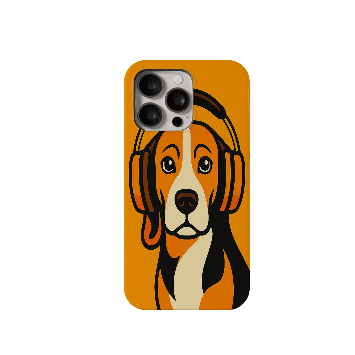 Phone case with a dog wearing headphones on an orange background