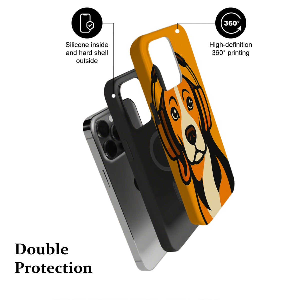 Phone case with dog design, highlighting features on a white background