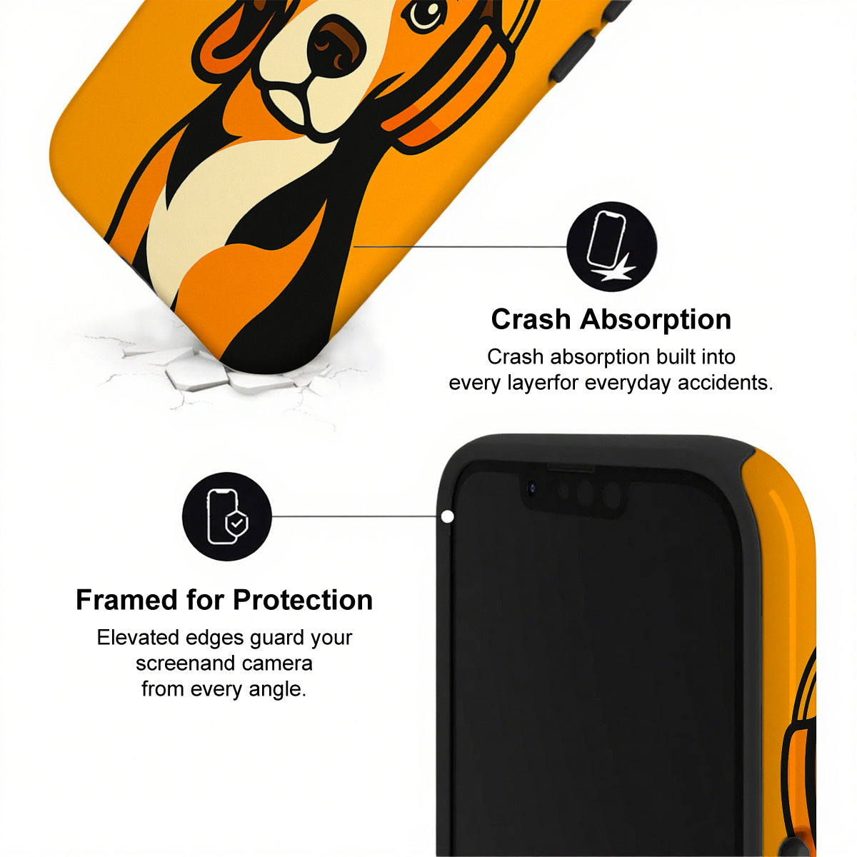 Phone case with dog design and text about crash absorption and protection