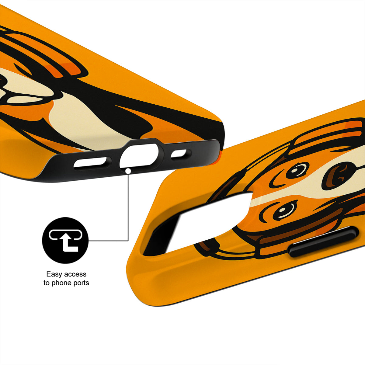 Two orange phone cases with a design of a face and text 'Easy access to phone ports' on a white background.