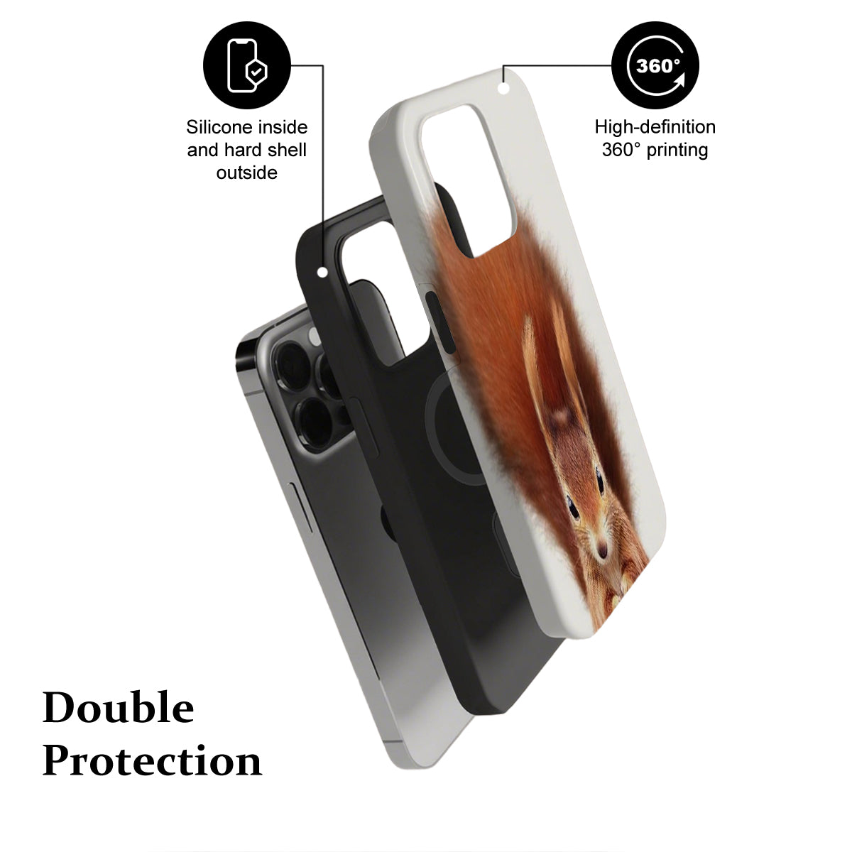 Phone case with a squirrel design, featuring text on protection and printing quality.