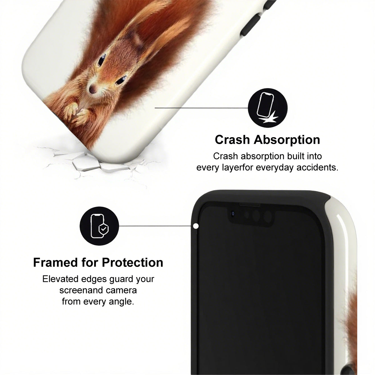 Phone case with a squirrel design and text highlighting crash absorption and protection features.